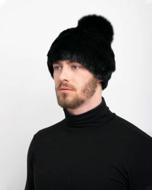 Men's Mink Fur Hat With Fox Fur Pop-Pom